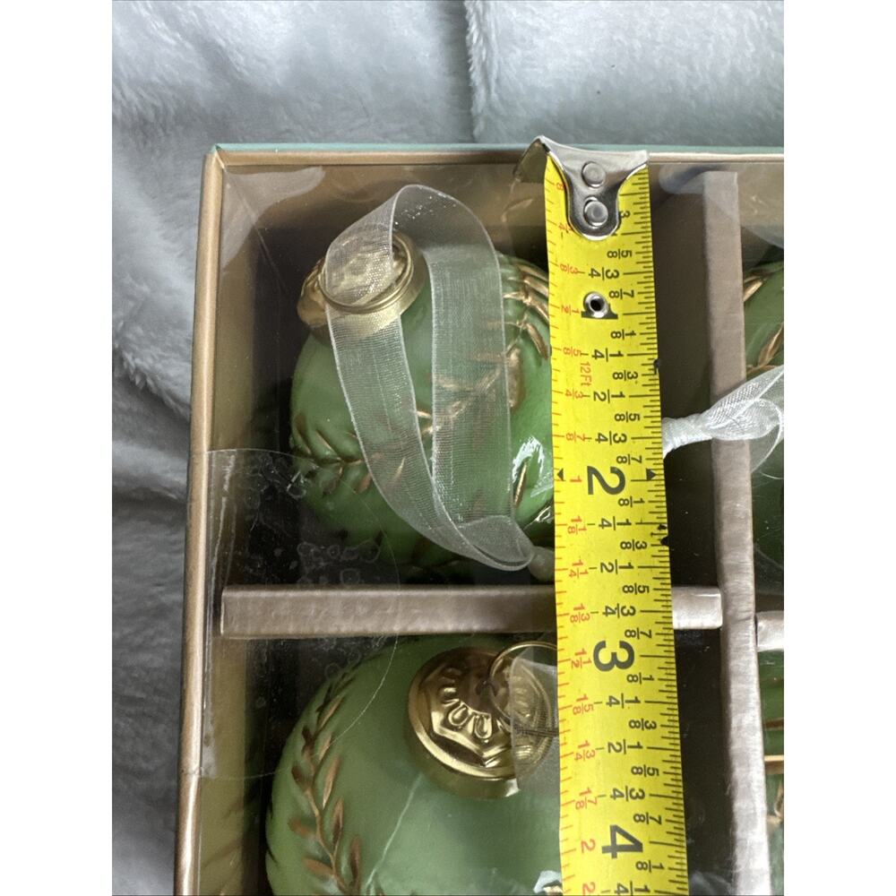 Tinsel And Fir glass ornaments Mint Green And Gold Stitching BOX OF 6 NIB NEW - Picture 9 of 10